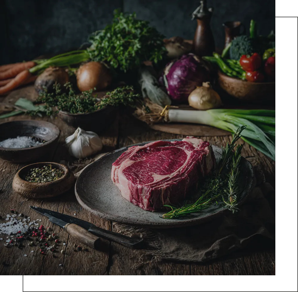 Fresh steak, vegetables, herbs, and spices