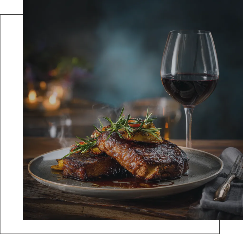Steak served with vegetables and a glass of red wine