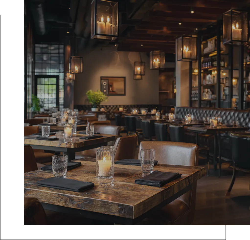 Restaurant table surrounded by warm wooden interior details